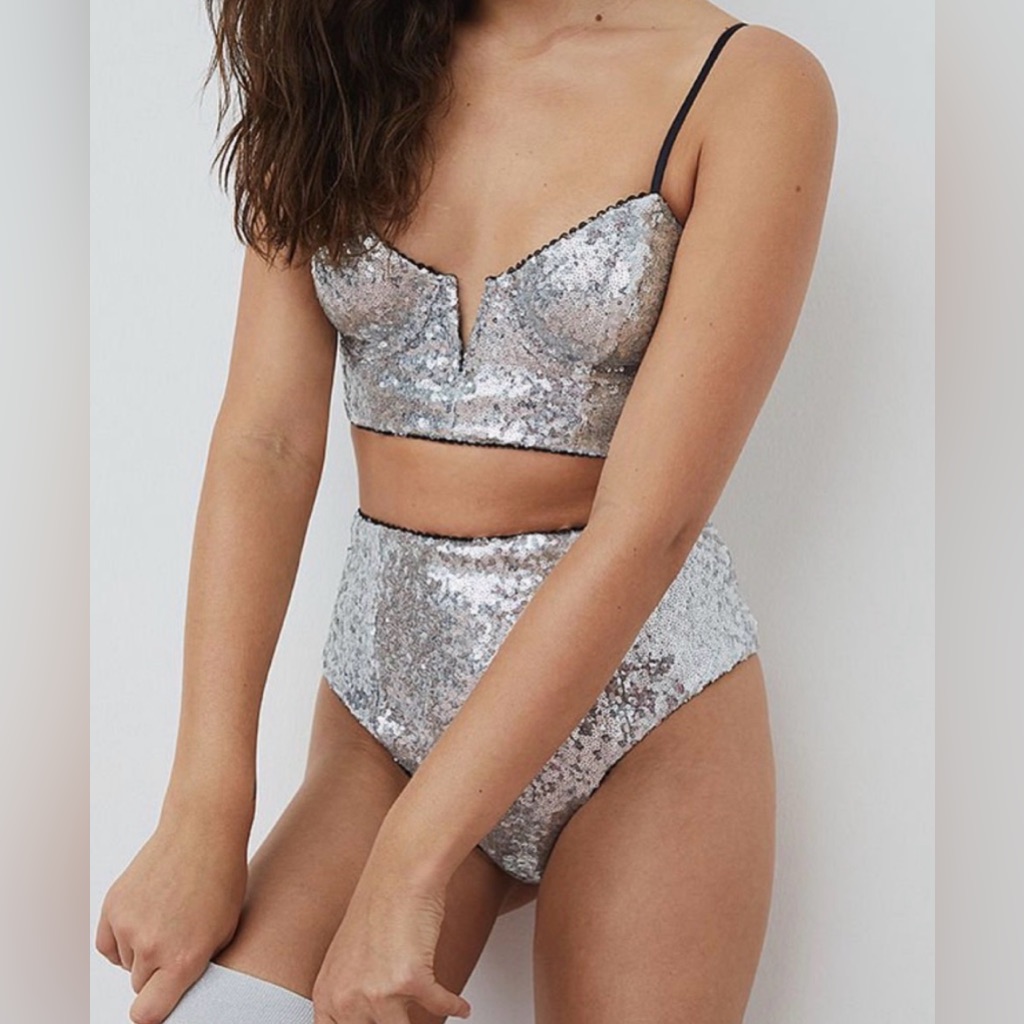 For Love And Lemons Silver Glimmer Sequin Bustier Euc